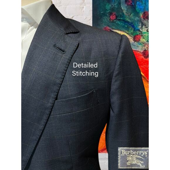 Vintage Burberry Suit 43L 36x32 Slate Blue Plaid Super 100s Designer Luxury - Picture 4 of 16
